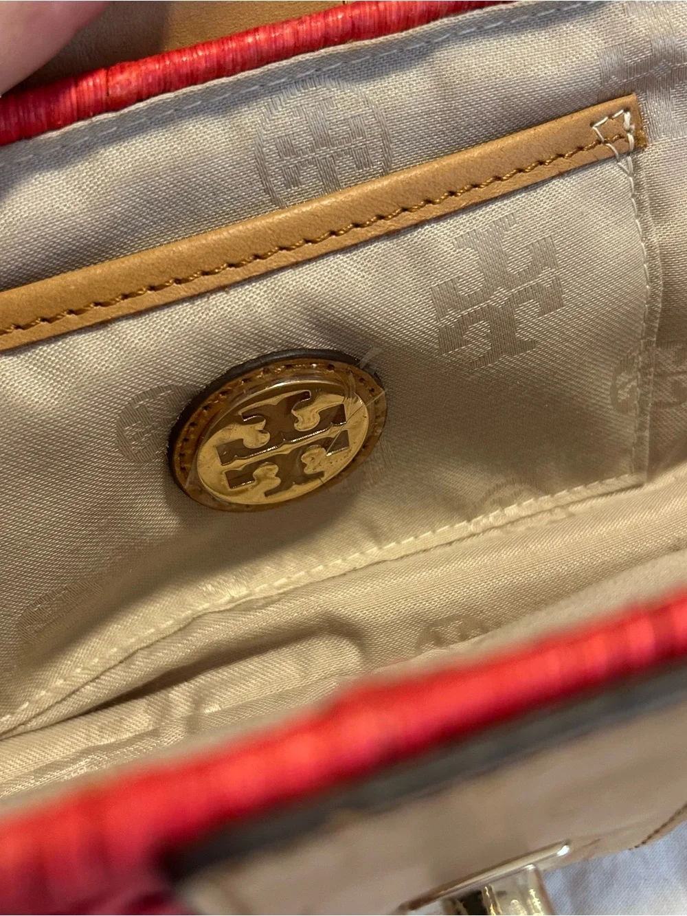 Tory Burch Wicker Rattan Leather Woven Clutch Bag  Purse Orange Gold Boho Summer
